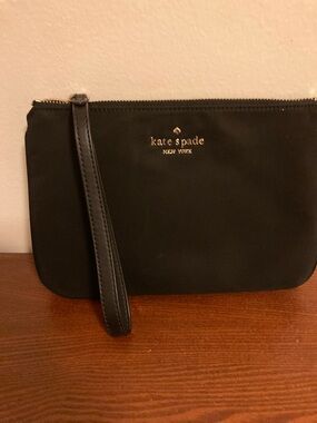 kate spade Black Leather Wristlet Pouch with Gold Logo